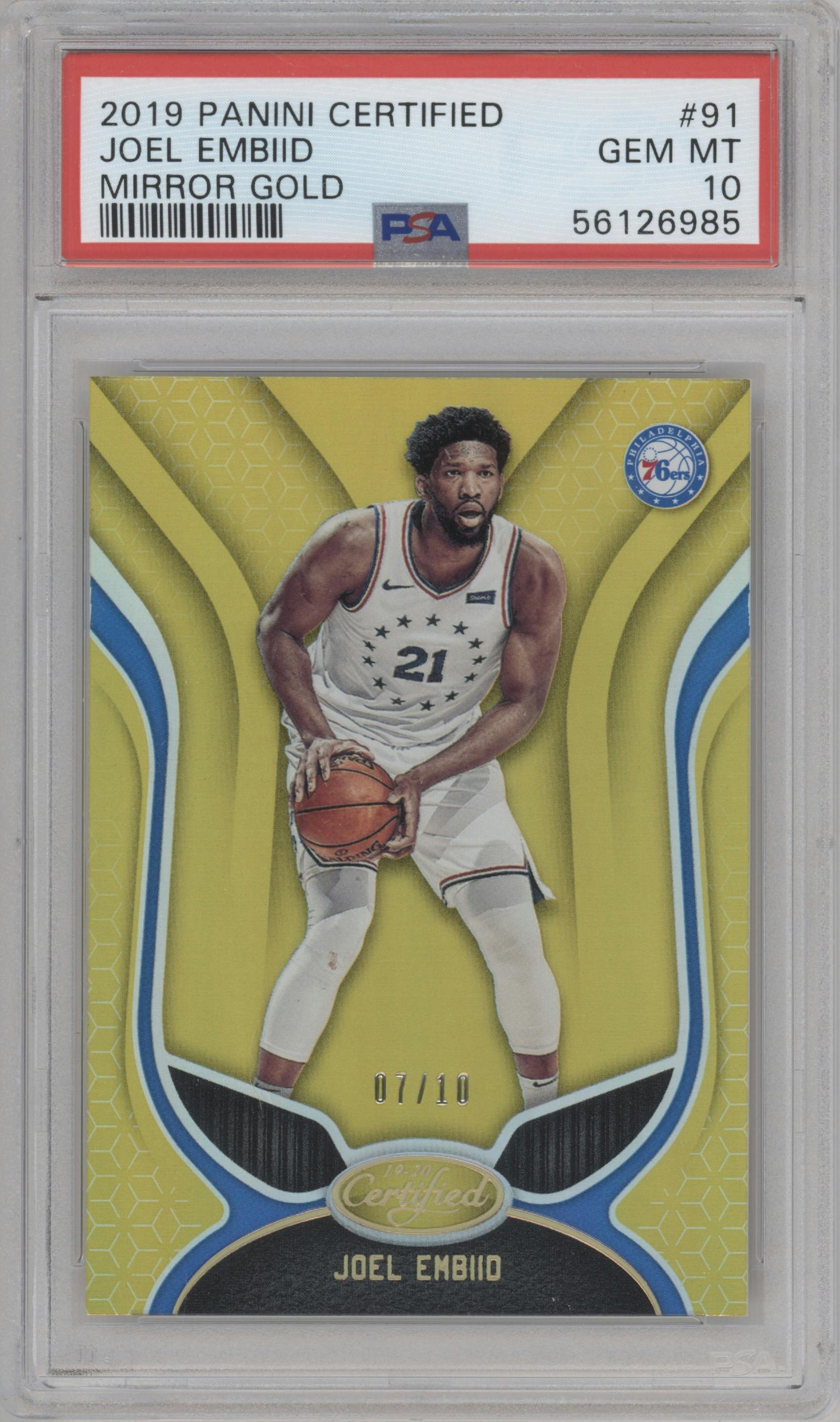 Joel Embiid from the 2019-20 Panini Certified set featuring a Mirror Gold parallel graded by PSA and given an overall grade of 10.