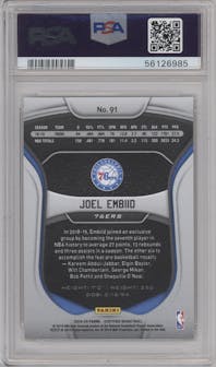 Joel Embiid from the 2019-20 Panini Certified set featuring a Mirror Gold parallel graded by PSA and given an overall grade of 10.
