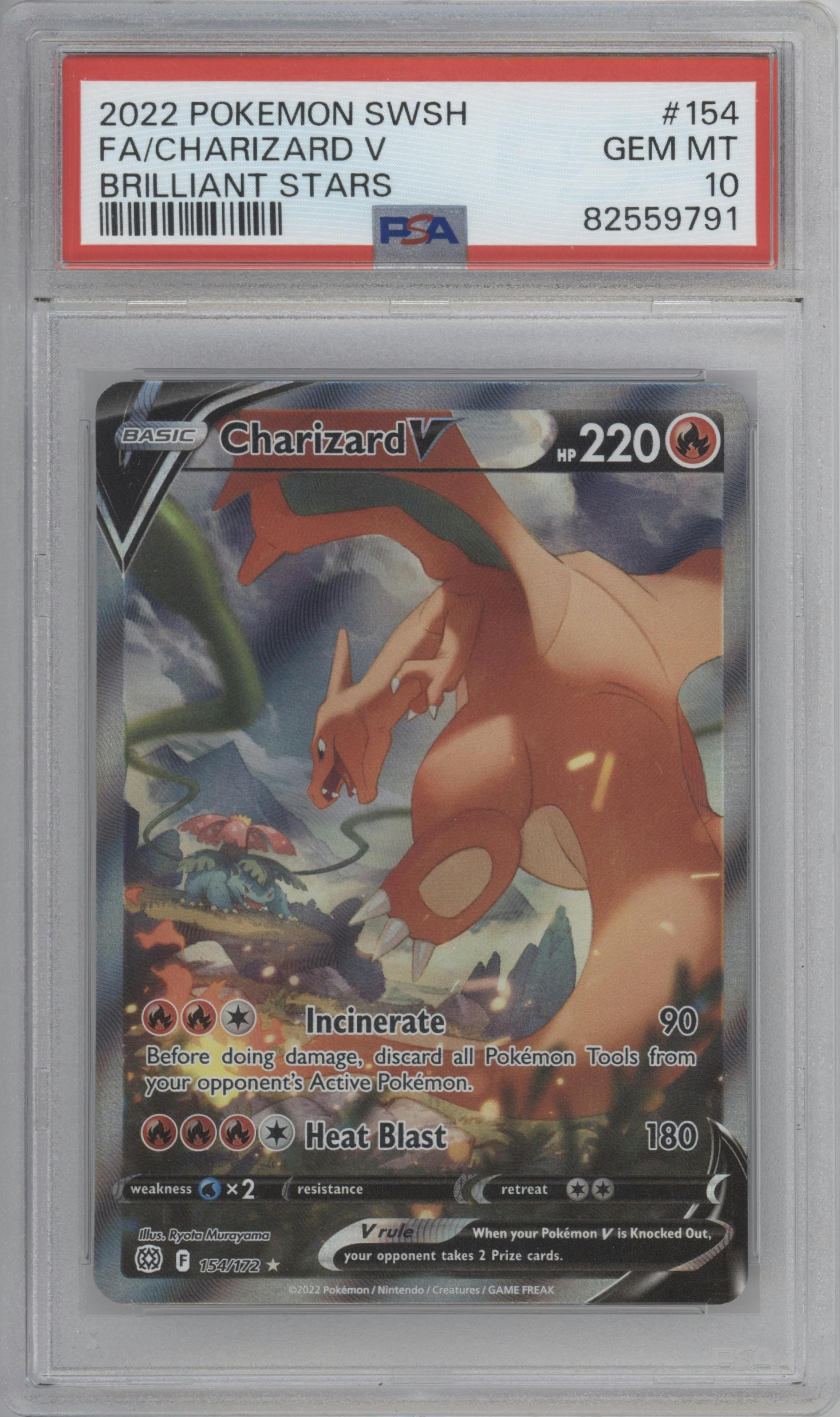 Charizard V from the 2022 Pokemon SWSH set graded by PSA and given an overall grade of 10.