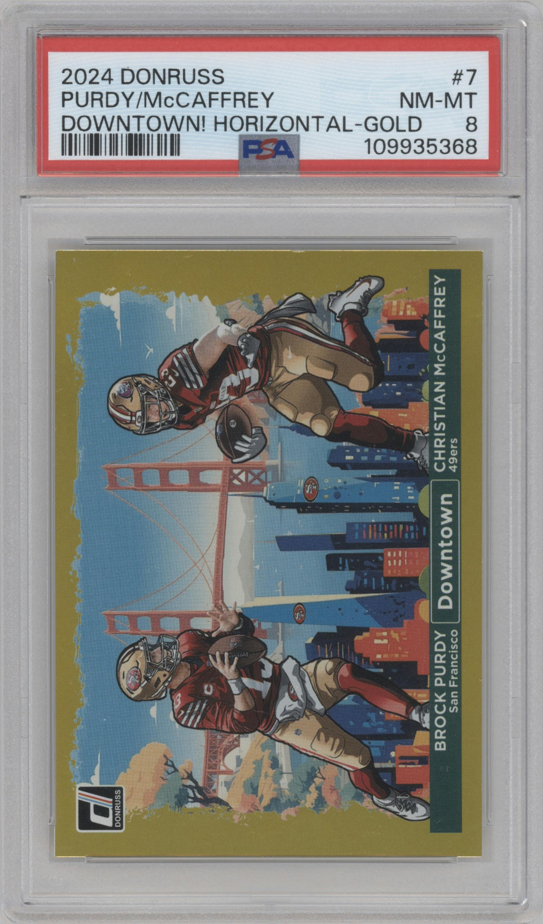 Brock Purdy/Christian McCaffrey  from the 2024 Donruss set featuring a Gold parallel graded by PSA and given an overall grade of 8.