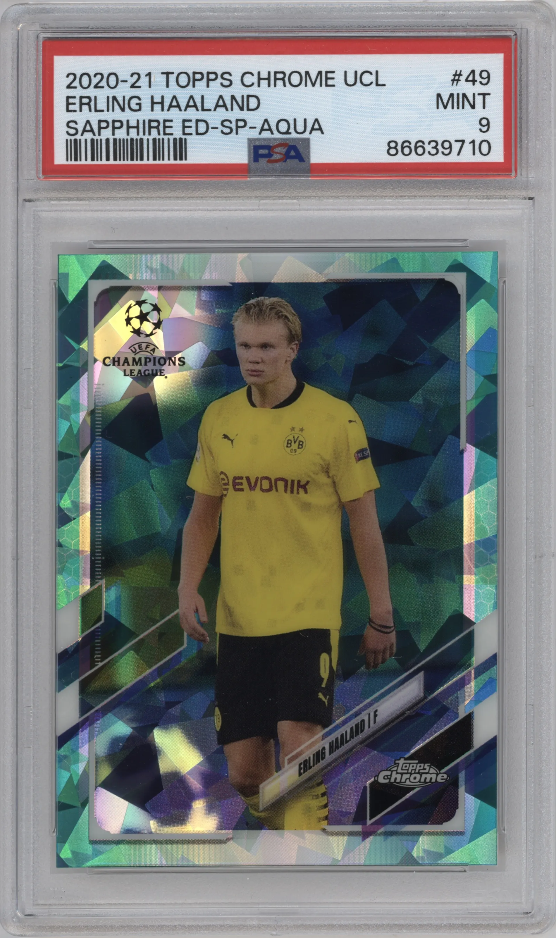 2020 Topps Chrome Sapphire Edition UEFA Champions League Image Variation Erling Haaland Aqua #49 PSA 9