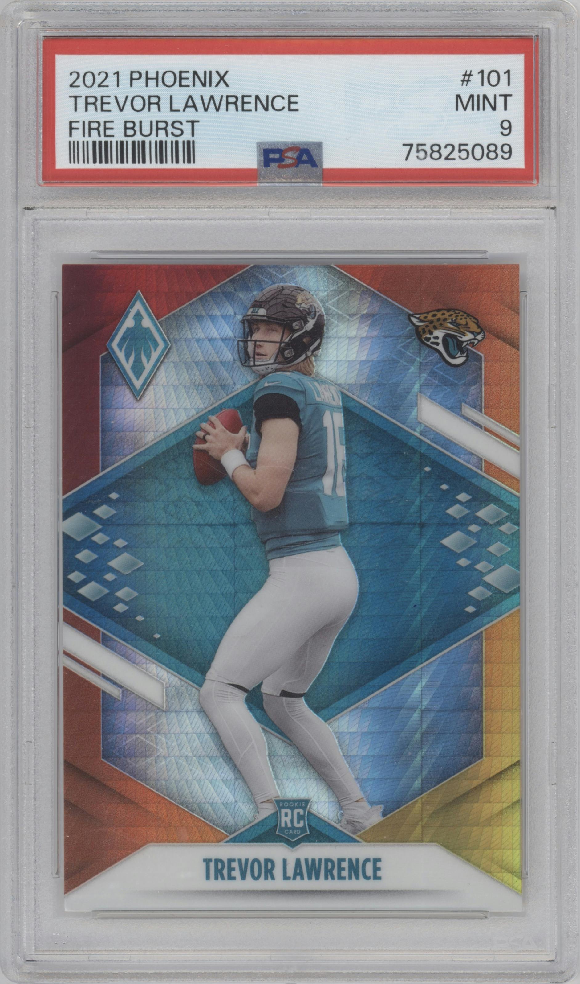 Trevor Lawrence from the 2021 Panini Phoenix set featuring a Fire Burst parallel graded by PSA and given an overall grade of 9.