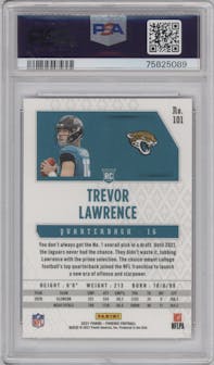 Trevor Lawrence from the 2021 Panini Phoenix set featuring a Fire Burst parallel graded by PSA and given an overall grade of 9.