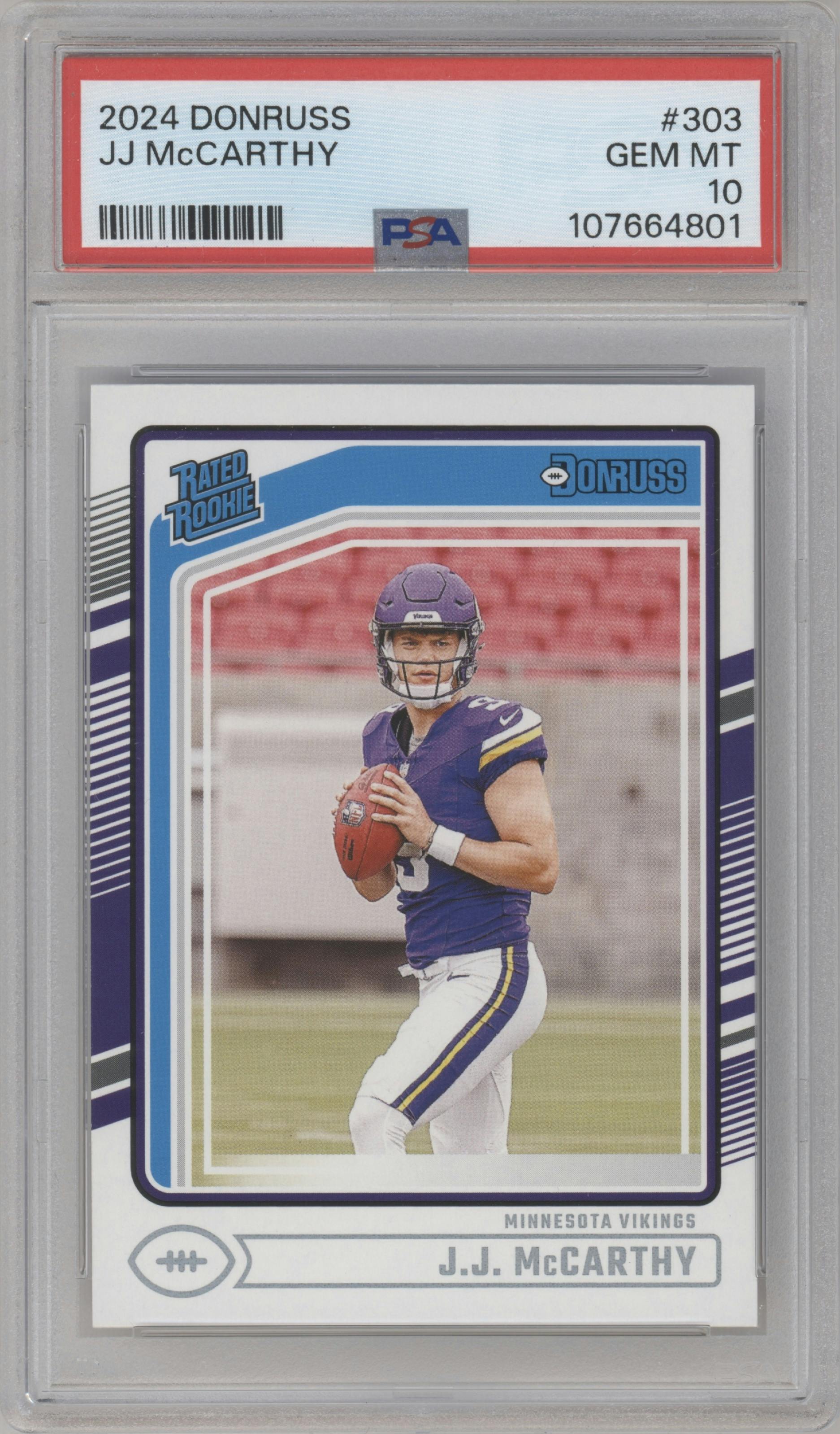 J.J. McCarthy from the 2024 Donruss set graded by PSA and given an overall grade of 10.