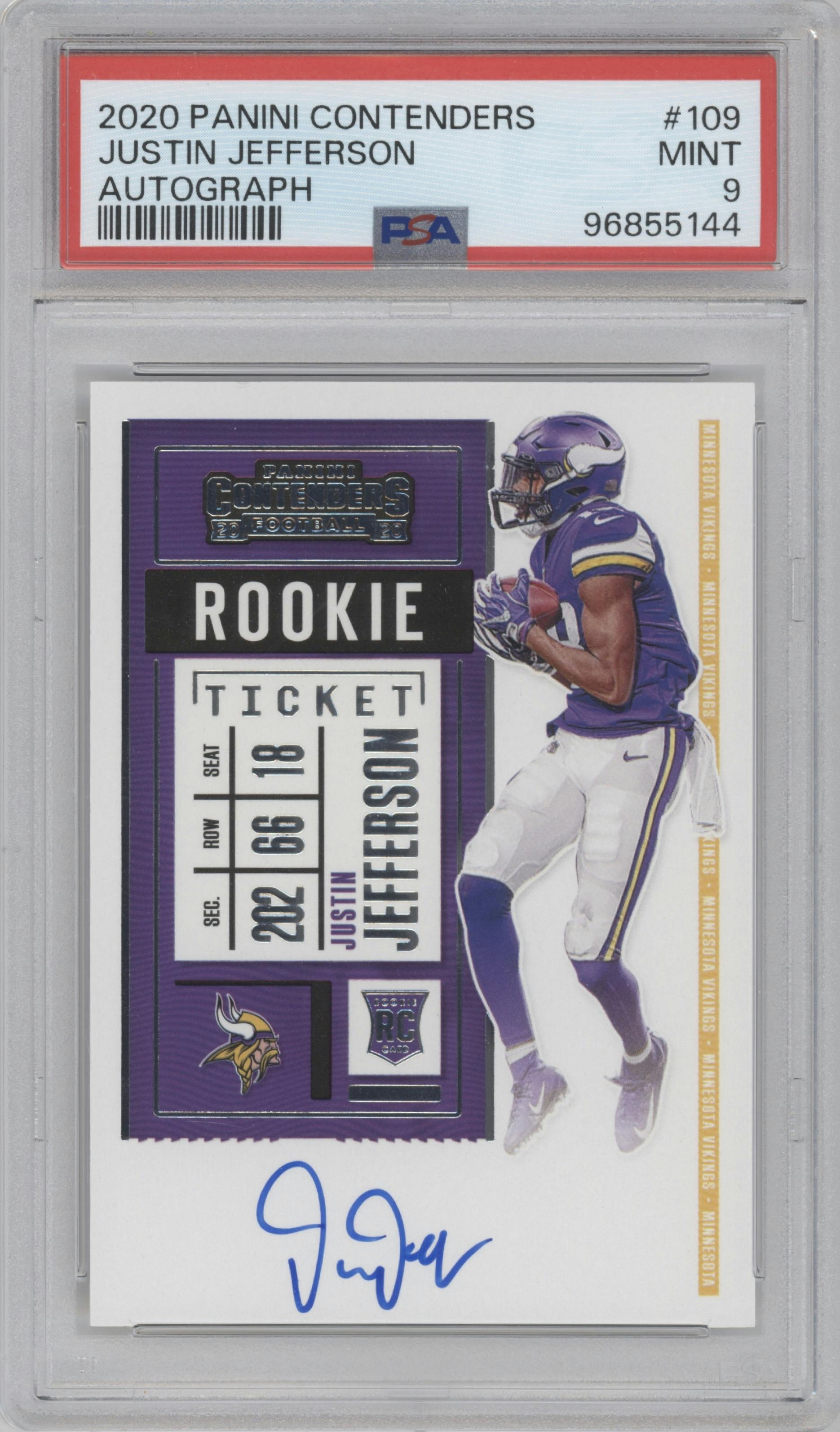 Justin Jefferson from the 2020 Panini Contenders set graded by PSA and given an overall grade of 9.