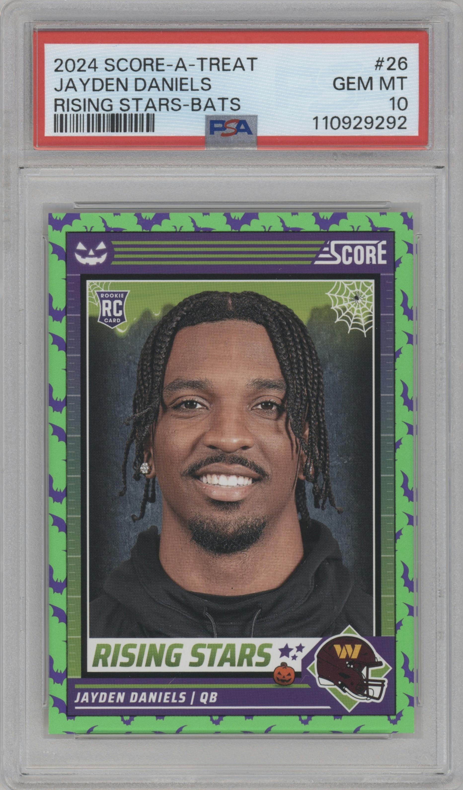 Jayden Daniels from the 2024 Score-a-Treat set featuring a Bats parallel graded by PSA and given an overall grade of 10.