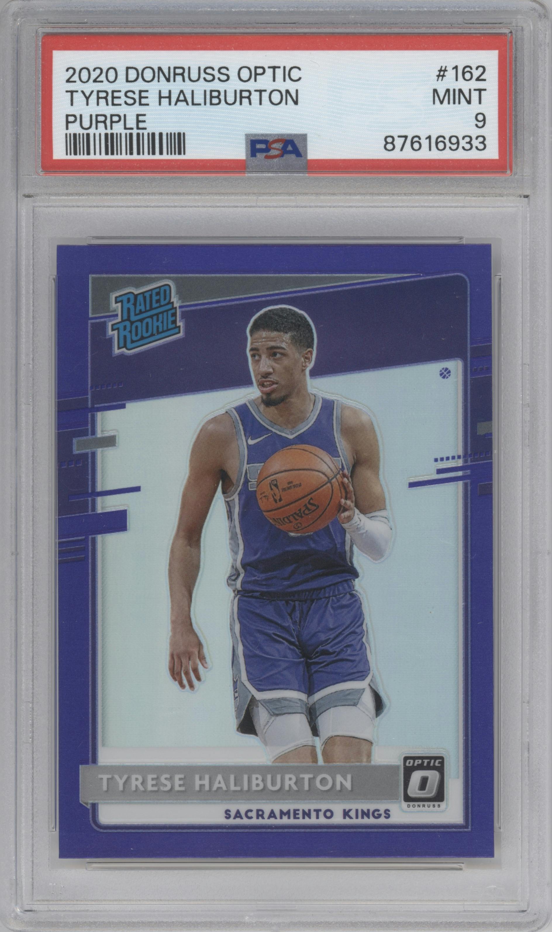 Tyrese Haliburton from the 2020-21 Panini Donruss Optic set featuring a Purple parallel graded by PSA and given an overall grade of 9.