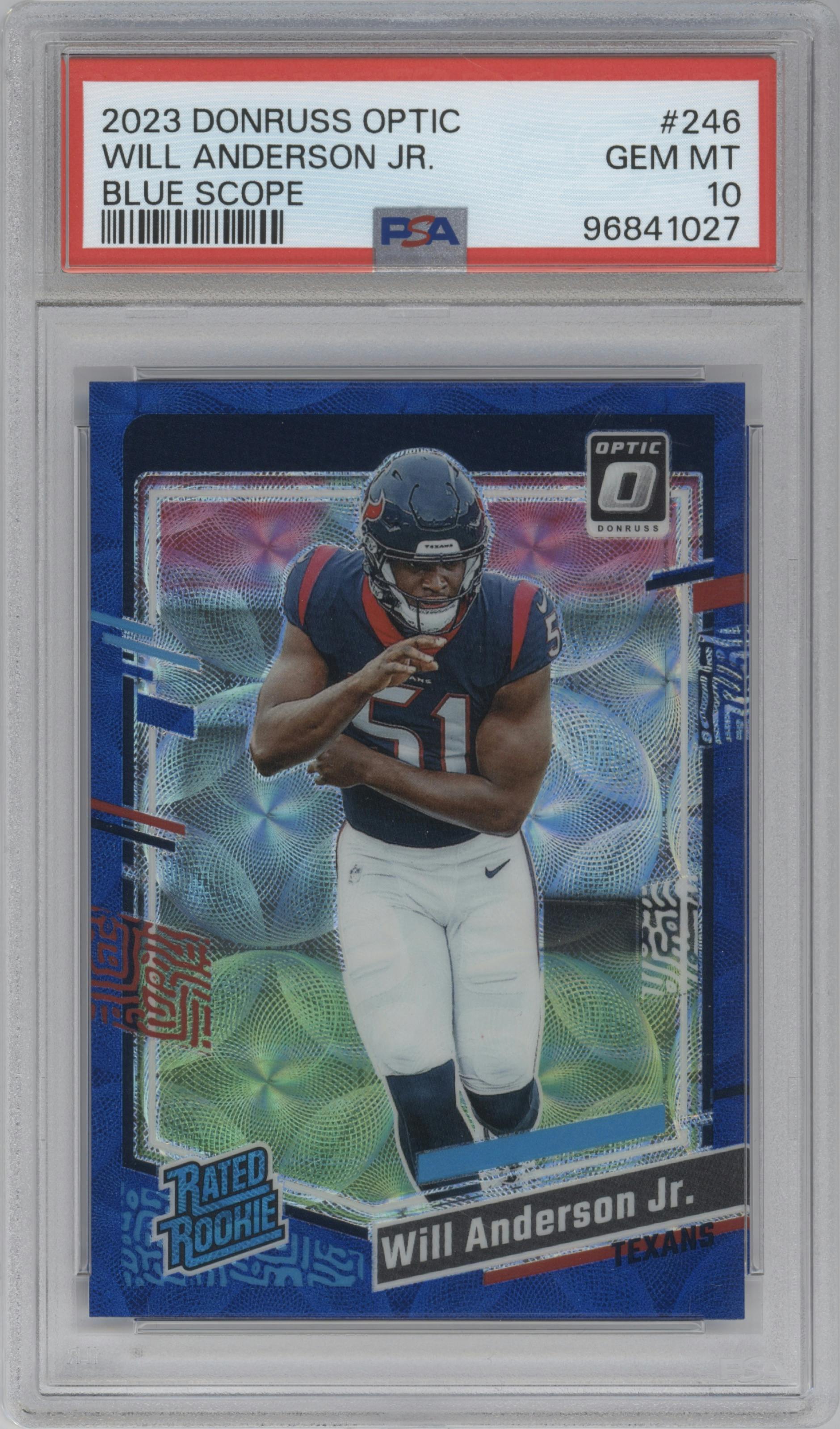 Will Anderson Jr. from the 2023 Donruss Optic set featuring a Blue Scope parallel graded by PSA and given an overall grade of 10.
