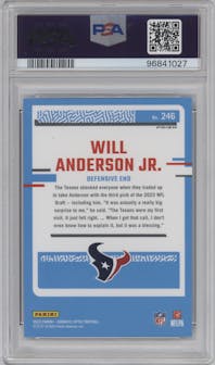 Will Anderson Jr. from the 2023 Donruss Optic set featuring a Blue Scope parallel graded by PSA and given an overall grade of 10.
