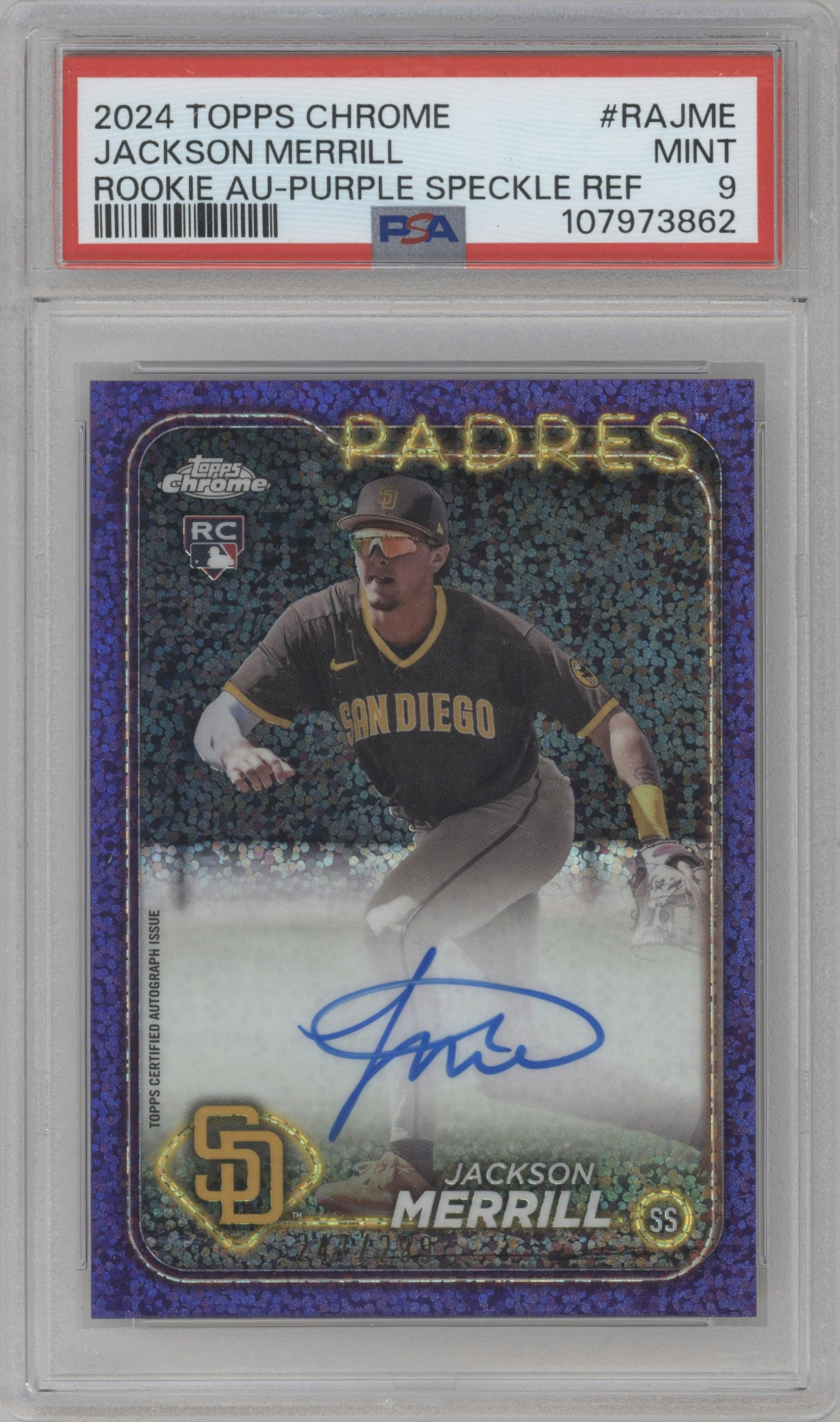 Jackson Merrill from the 2024 Topps Chrome set featuring a Purple Speckle Refractor parallel graded by PSA and given an overall grade of 9.