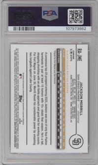 Jackson Merrill from the 2024 Topps Chrome set featuring a Purple Speckle Refractor parallel graded by PSA and given an overall grade of 9.