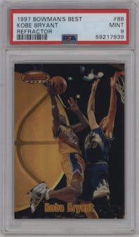 Kobe Bryant from the 1997-98 Bowman's Best set featuring a Refractor parallel graded by PSA and given an overall grade of 9.