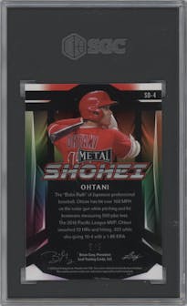 Shohei Ohtani from the 2023 Leaf Metal set featuring a Purple Mojo parallel graded by SGC and given an overall grade of 10.