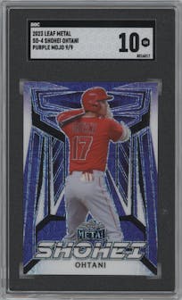 Shohei Ohtani from the 2023 Leaf Metal set featuring a Purple Mojo parallel graded by SGC and given an overall grade of 10.