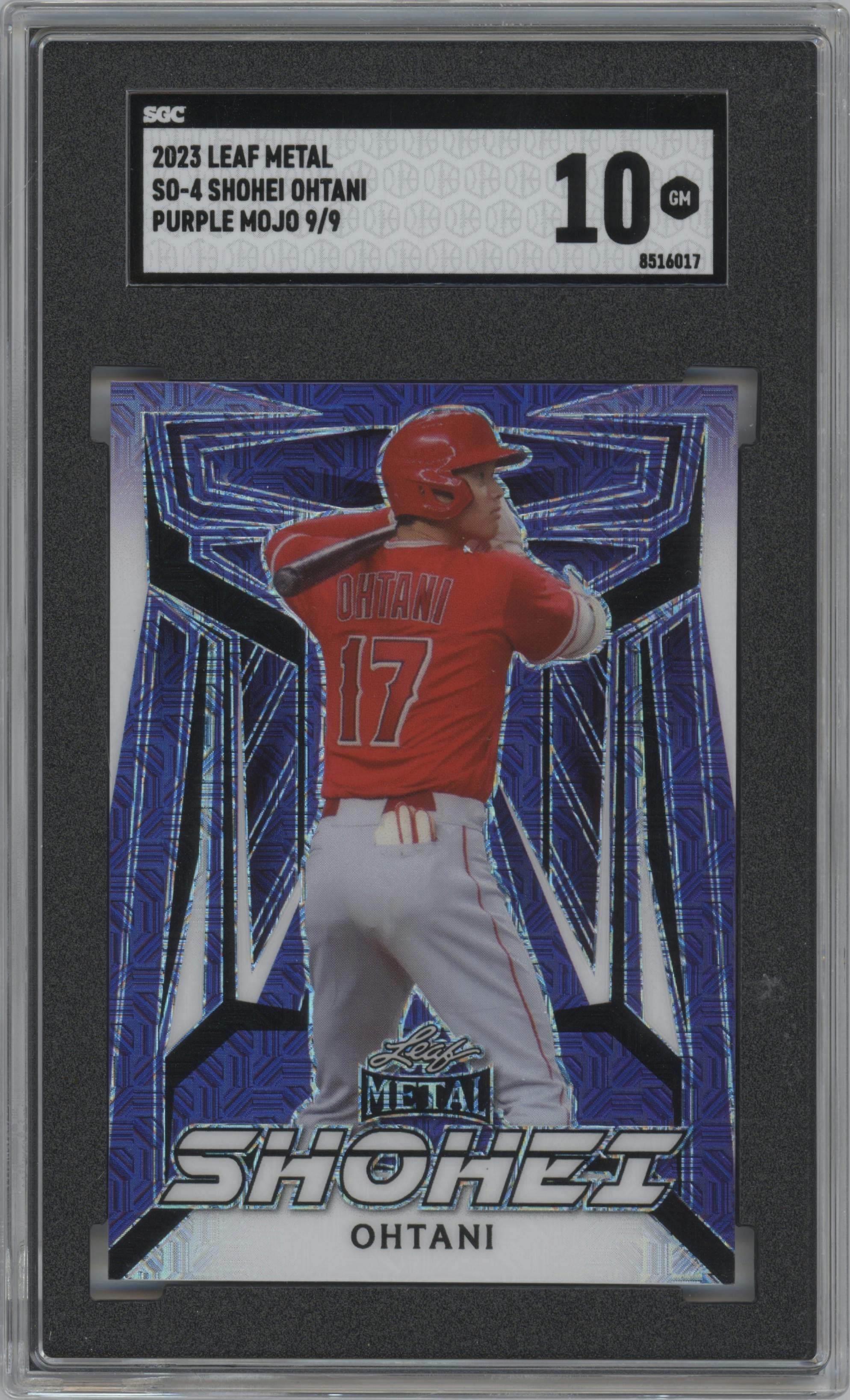 Shohei Ohtani from the 2023 Leaf Metal set featuring a Purple Mojo parallel graded by SGC and given an overall grade of 10.