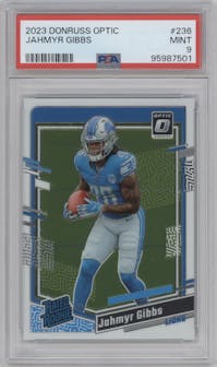 Jahmyr Gibbs from the 2023 Donruss Optic set graded by PSA and given an overall grade of 9.