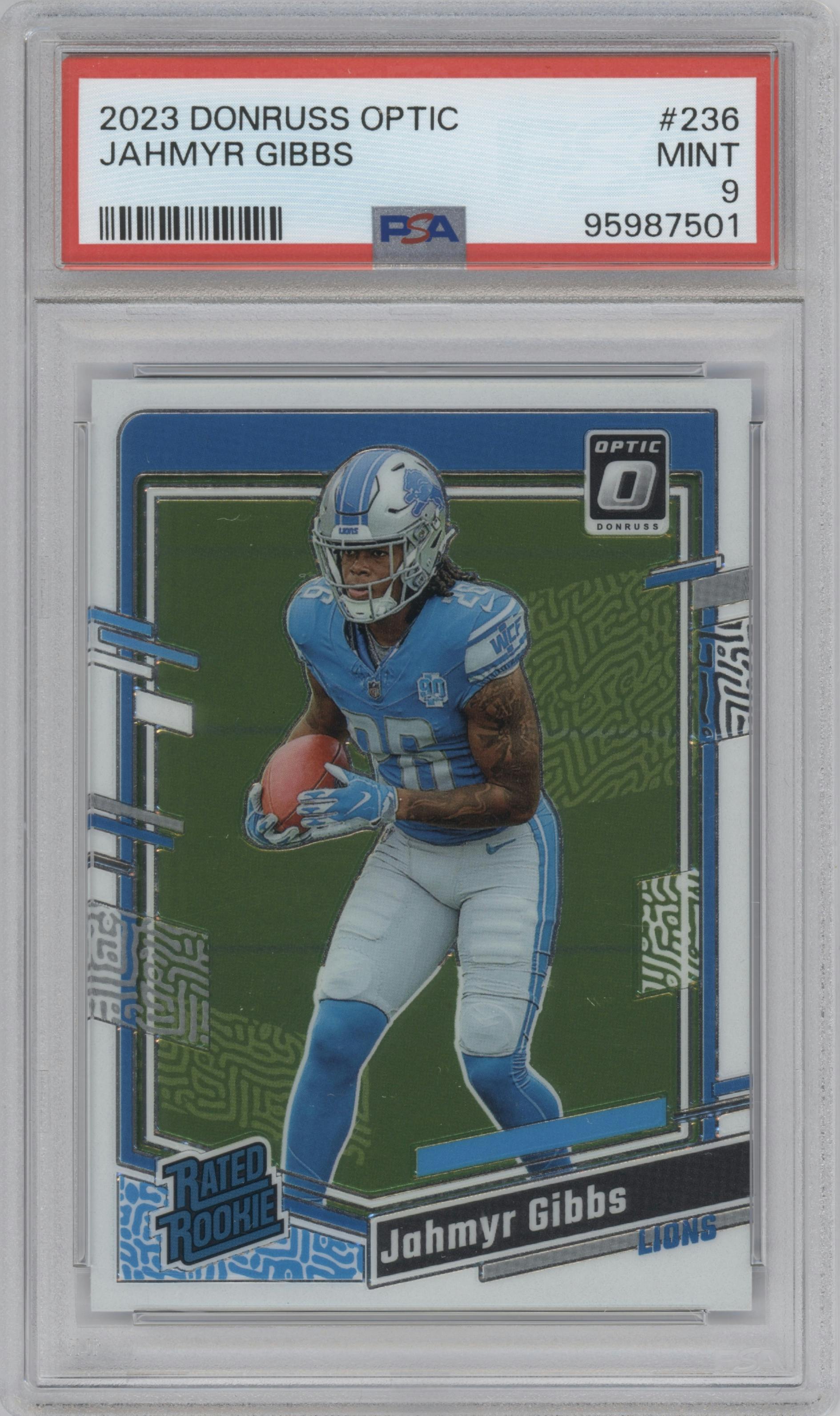 Jahmyr Gibbs from the 2023 Donruss Optic set graded by PSA and given an overall grade of 9.