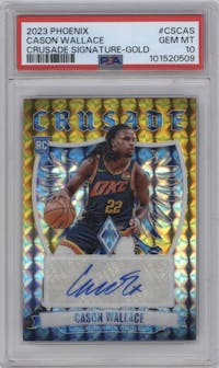 Cason Wallace from the 2023-24 Panini Phoenix set featuring a Gold parallel graded by PSA and given an overall grade of 10.