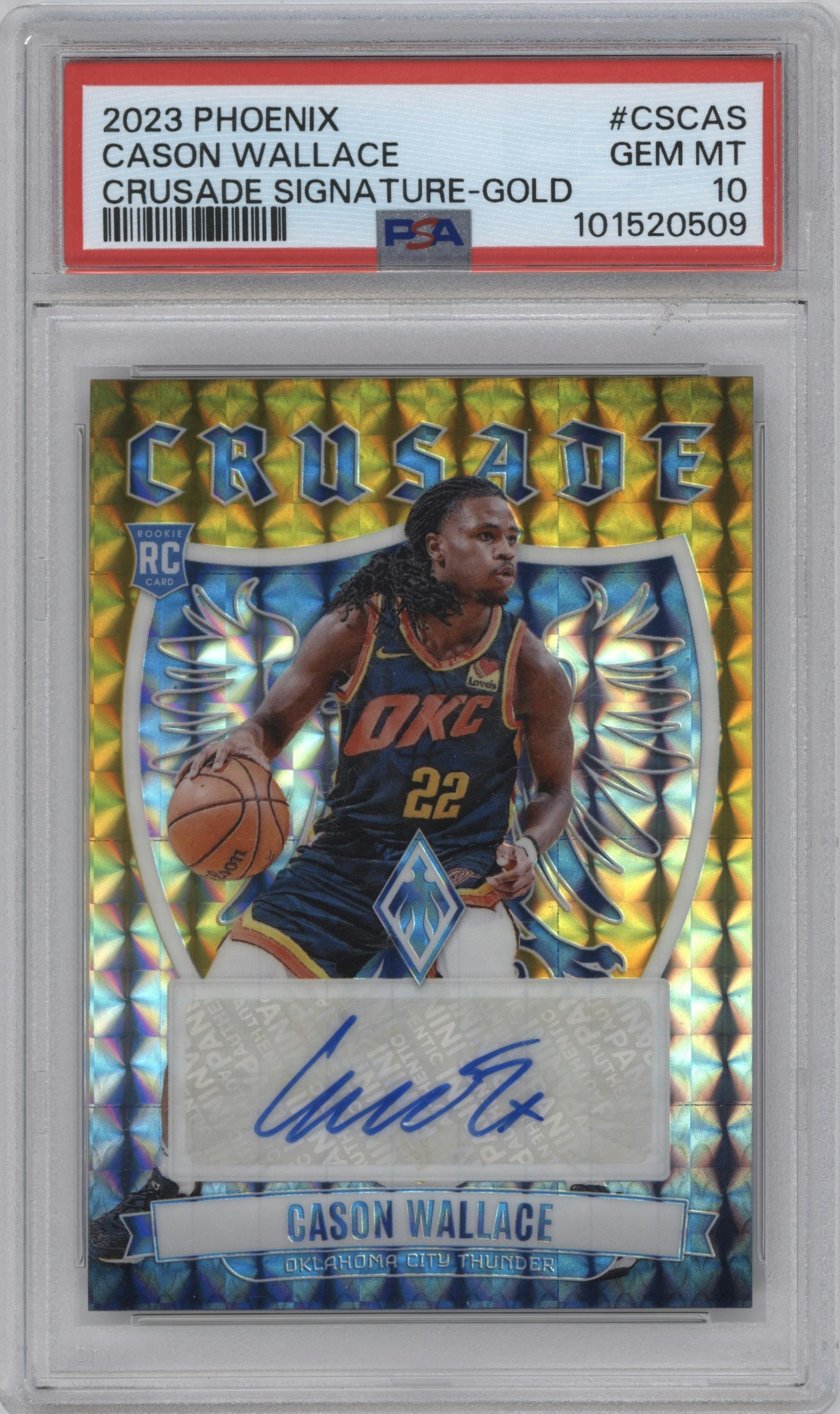 Cason Wallace from the 2023-24 Panini Phoenix set featuring a Gold parallel graded by PSA and given an overall grade of 10.