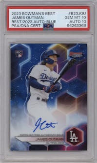 James Outman from the 2023 Bowman's Best set featuring a Blue Refractor parallel graded by PSA and given an overall grade of 10.