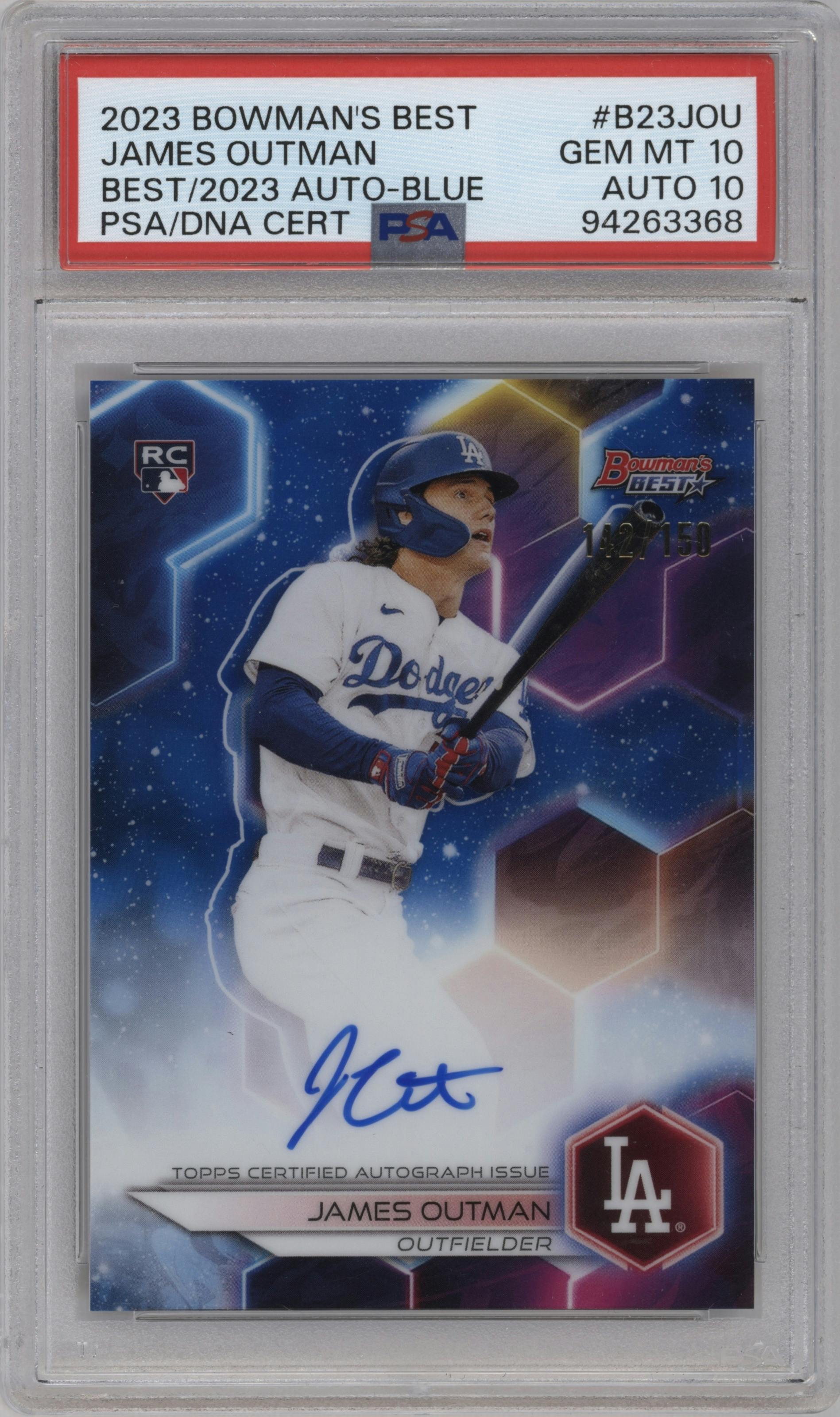 James Outman from the 2023 Bowman's Best set featuring a Blue Refractor parallel graded by PSA and given an overall grade of 10.
