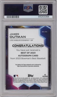 James Outman from the 2023 Bowman's Best set featuring a Blue Refractor parallel graded by PSA and given an overall grade of 10.