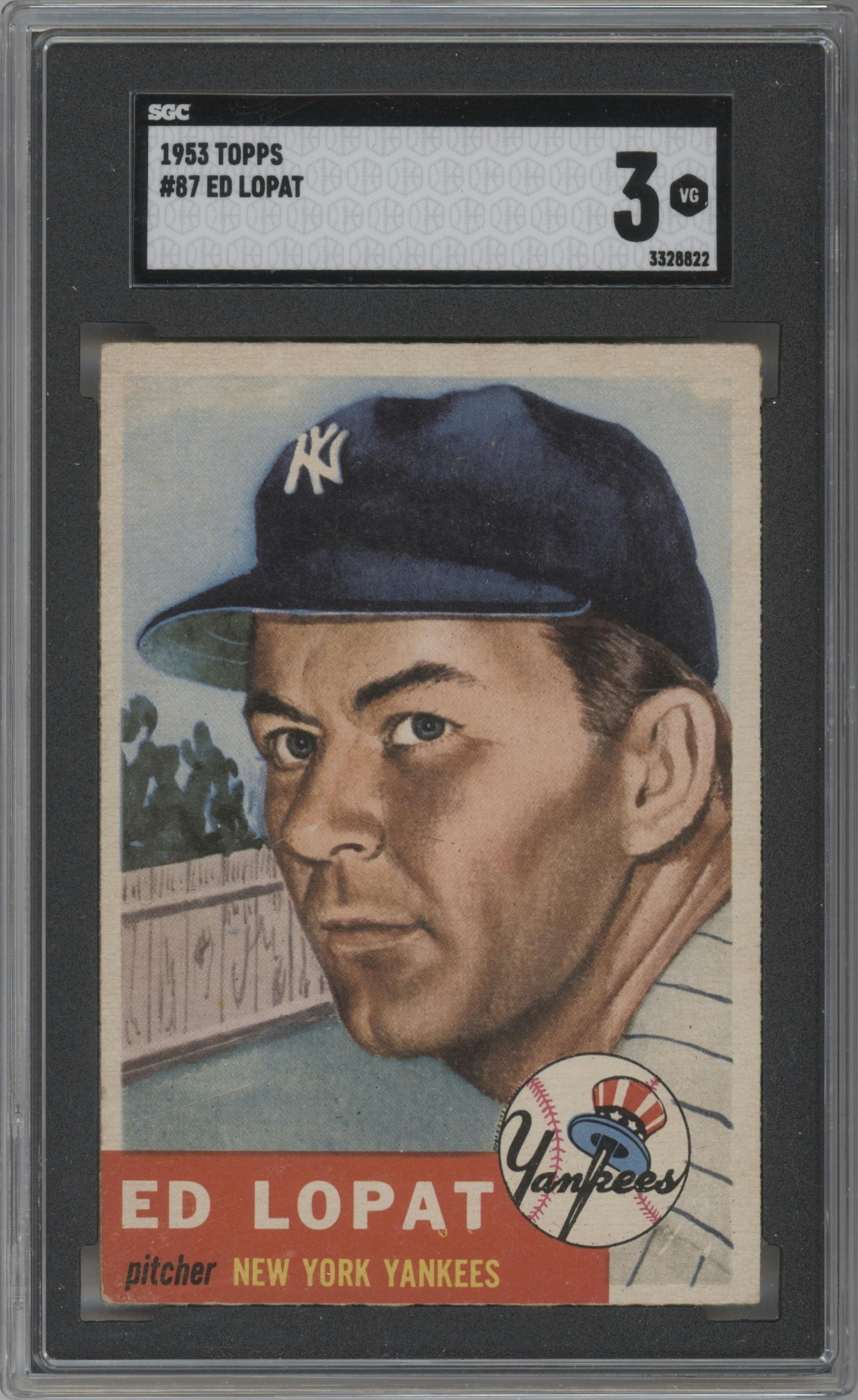 Ed Lopat from the 1953 Topps set graded by SGC and given an overall grade of 3.