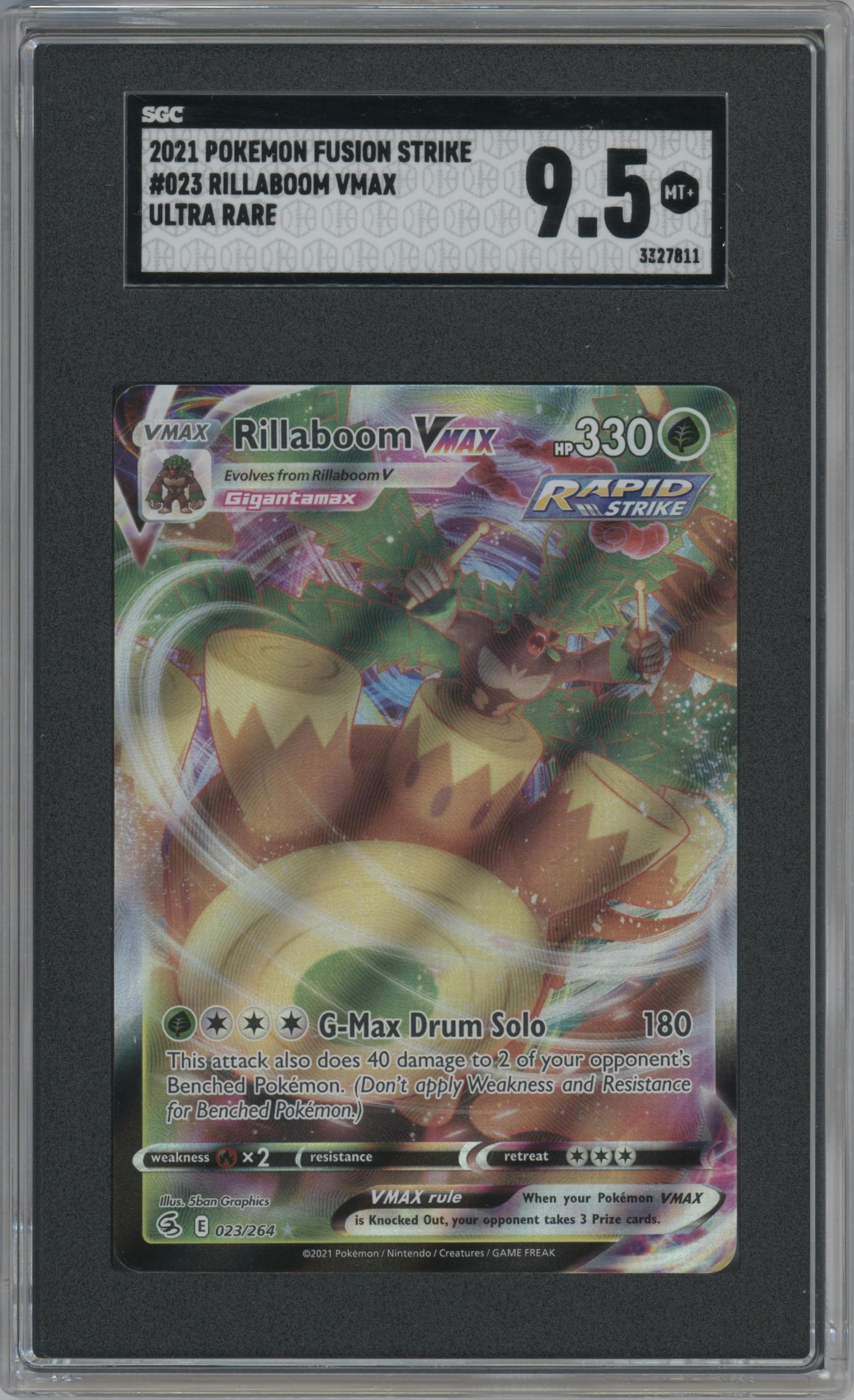 Rillaboom VMAX from the 2021 Pokemon SWSH set graded by SGC and given an overall grade of 9.5.