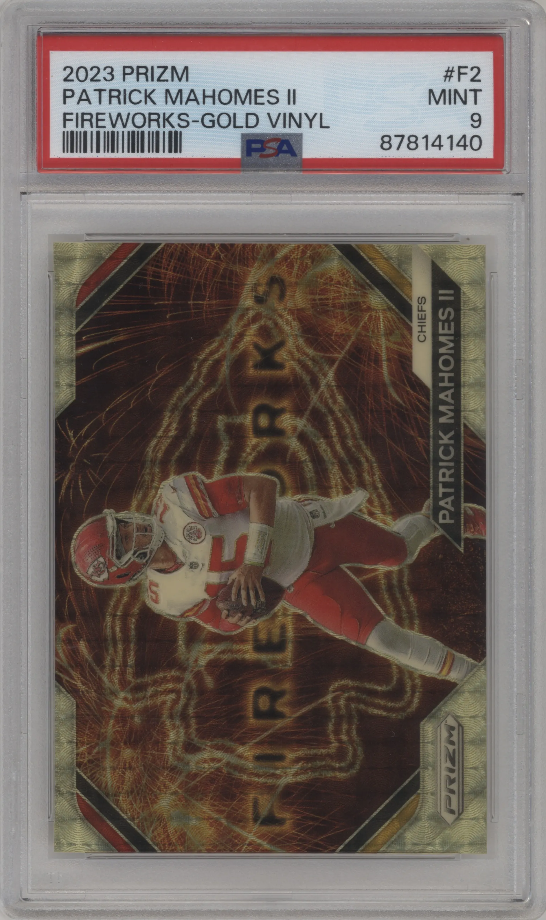 2023 Panini Prizm Fireworks Patrick Mahomes II Gold Vinyl #F-2 PSA 9