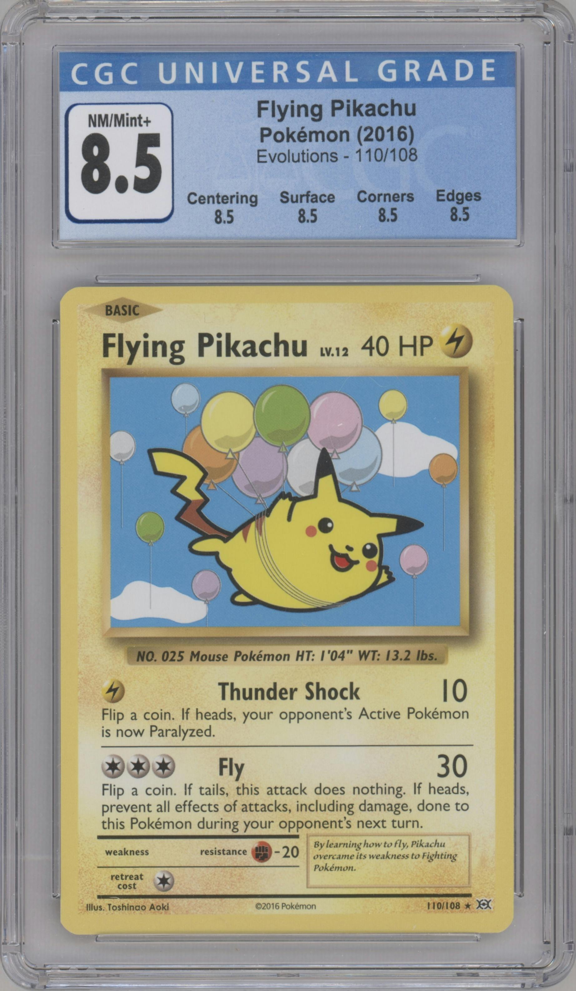 Flying Pikachu from the 2016 Pokemon XY set graded by CSG and given an overall grade of 8.5.
