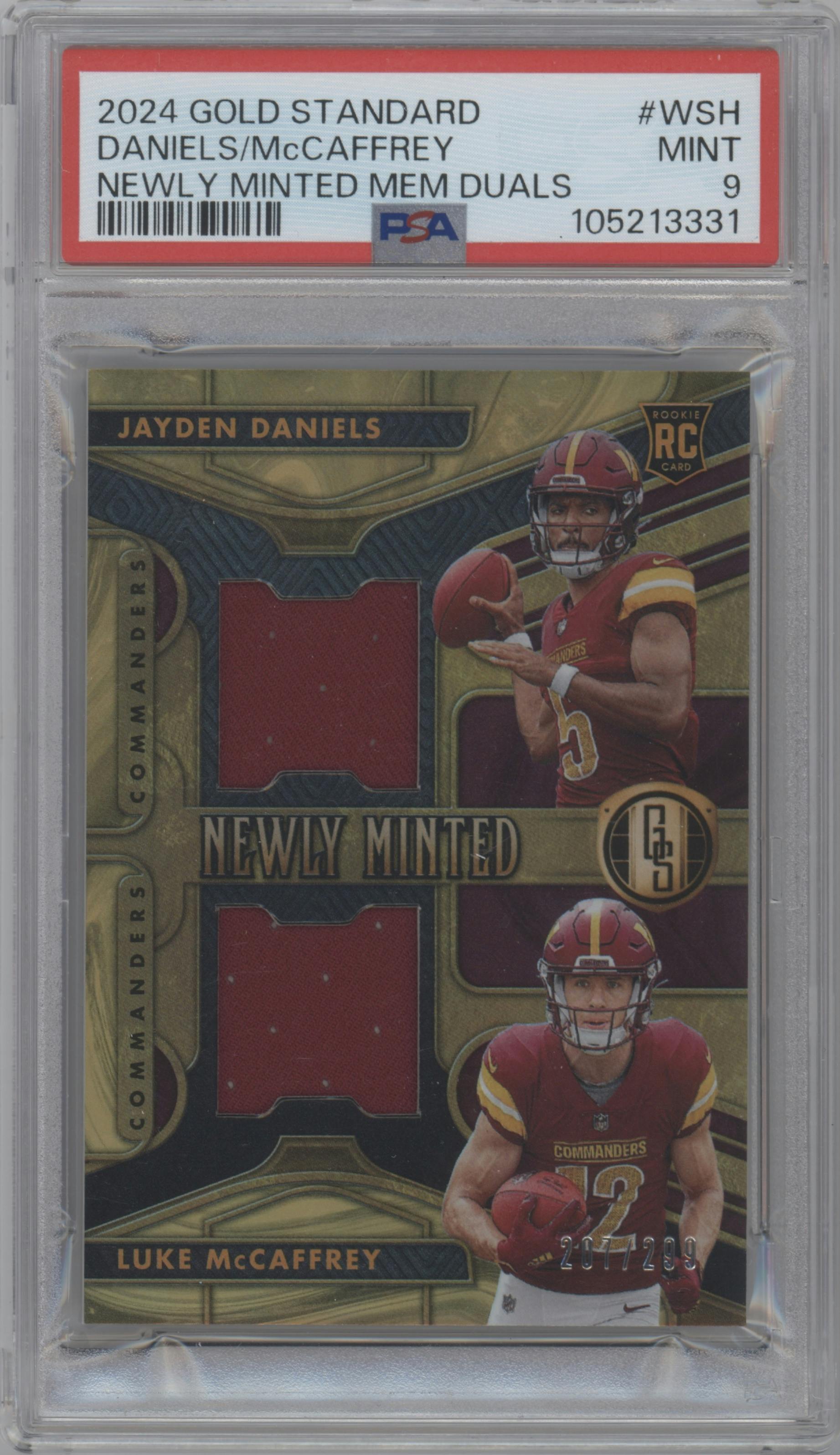 Jayden Daniels / Luke McCaffrey from the 2024 Panini Gold Standard set graded by PSA and given an overall grade of 9.