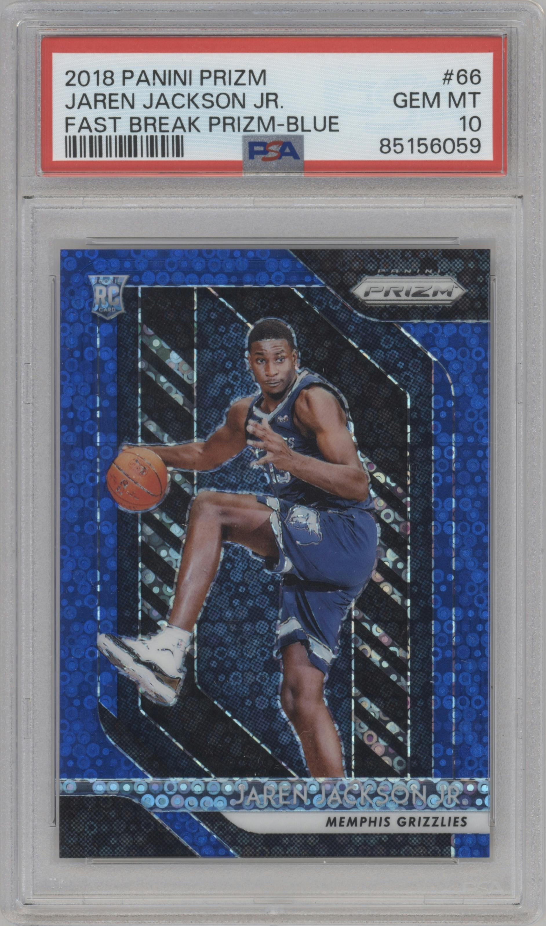 Jaren Jackson Jr. from the 2018-19 Panini Prizm set featuring a Fast Break Blue parallel graded by PSA and given an overall grade of 10.
