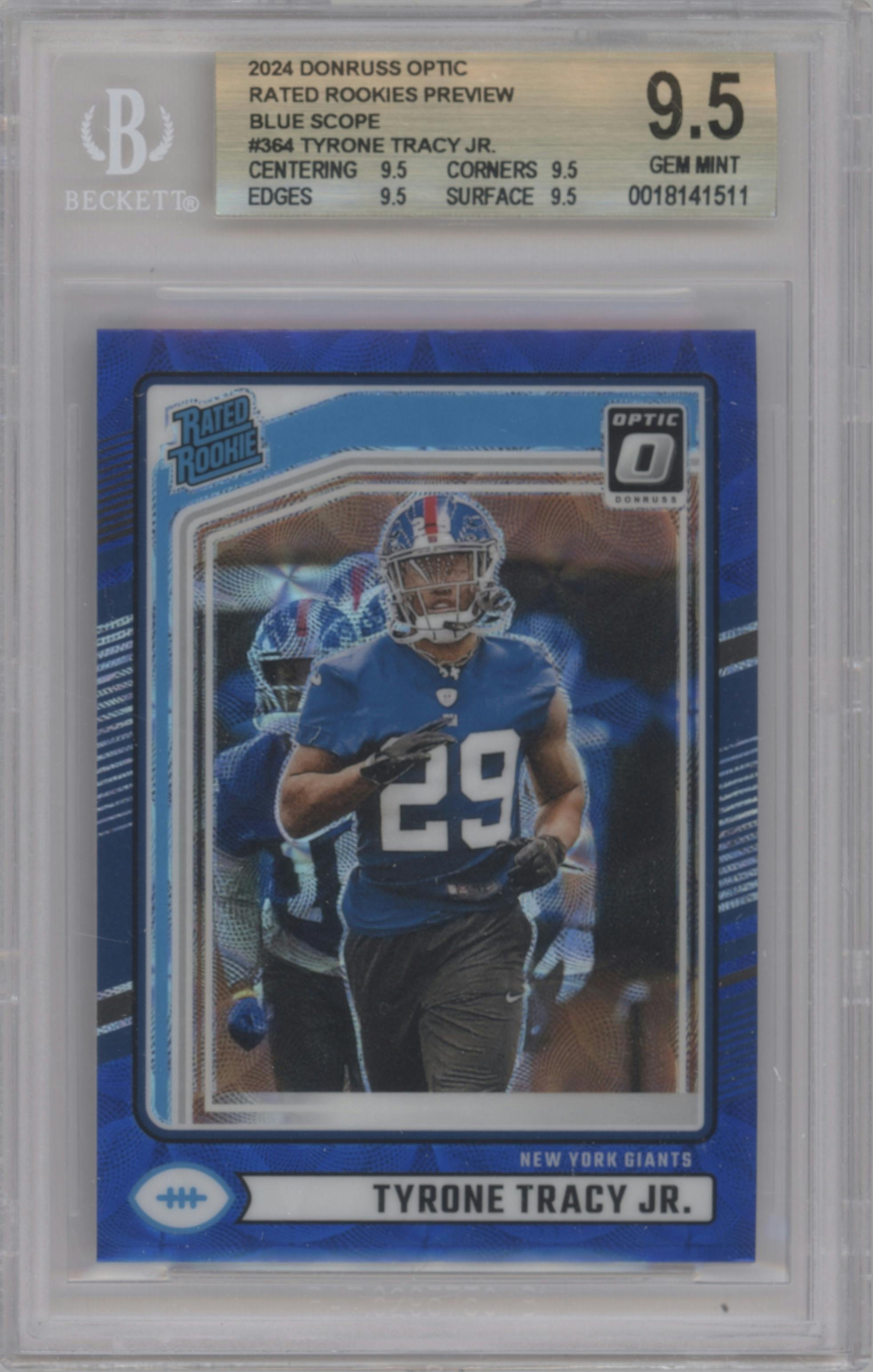 Tyrone Tracy Jr. from the 2024 Donruss set featuring a Blue Scope parallel graded by Beckett and given an overall grade of 9.5.