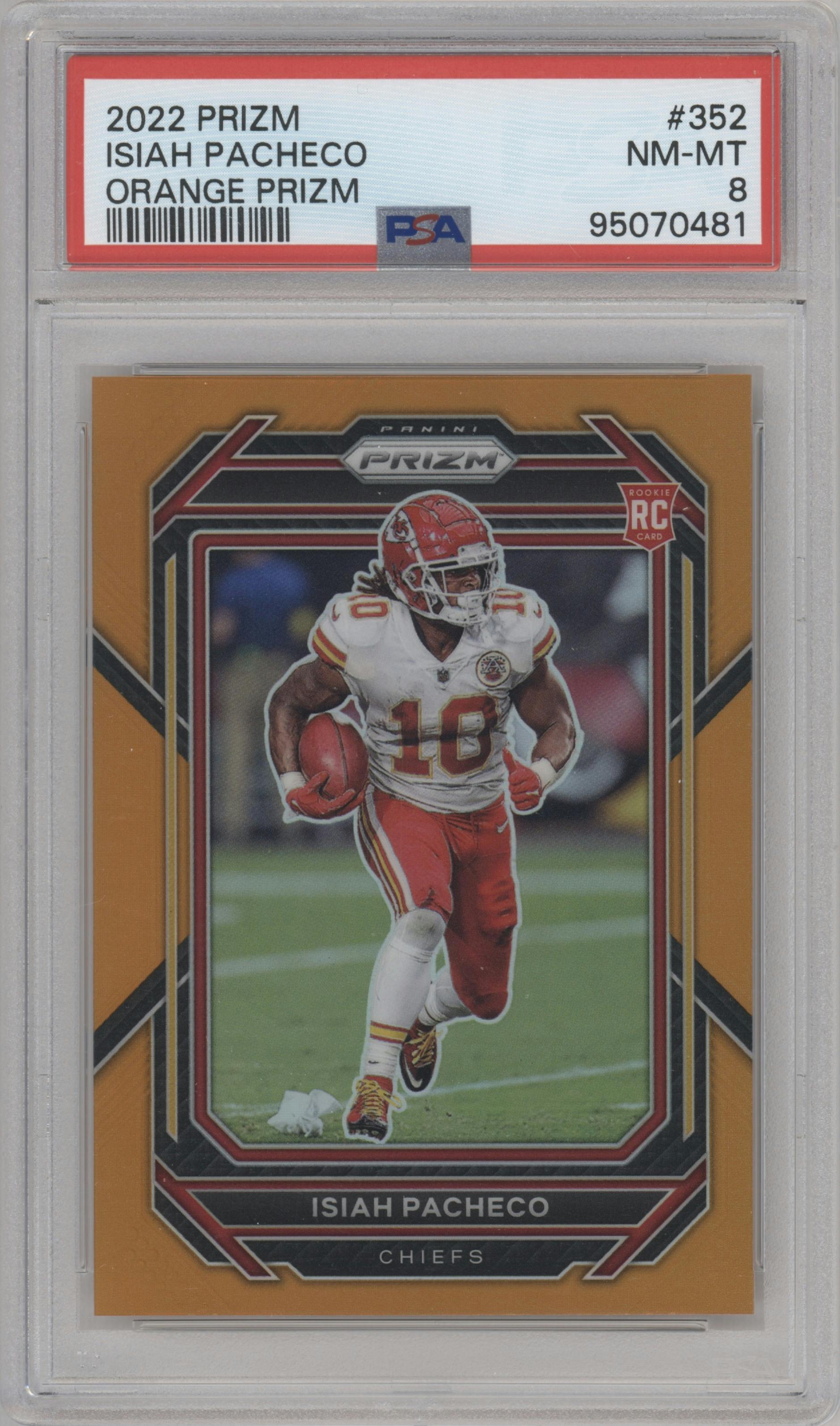 Isiah Pacheco from the 2022 Panini Prizm set featuring a Orange Prizm parallel graded by PSA and given an overall grade of 8.