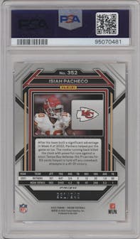 Isiah Pacheco from the 2022 Panini Prizm set featuring a Orange Prizm parallel graded by PSA and given an overall grade of 8.