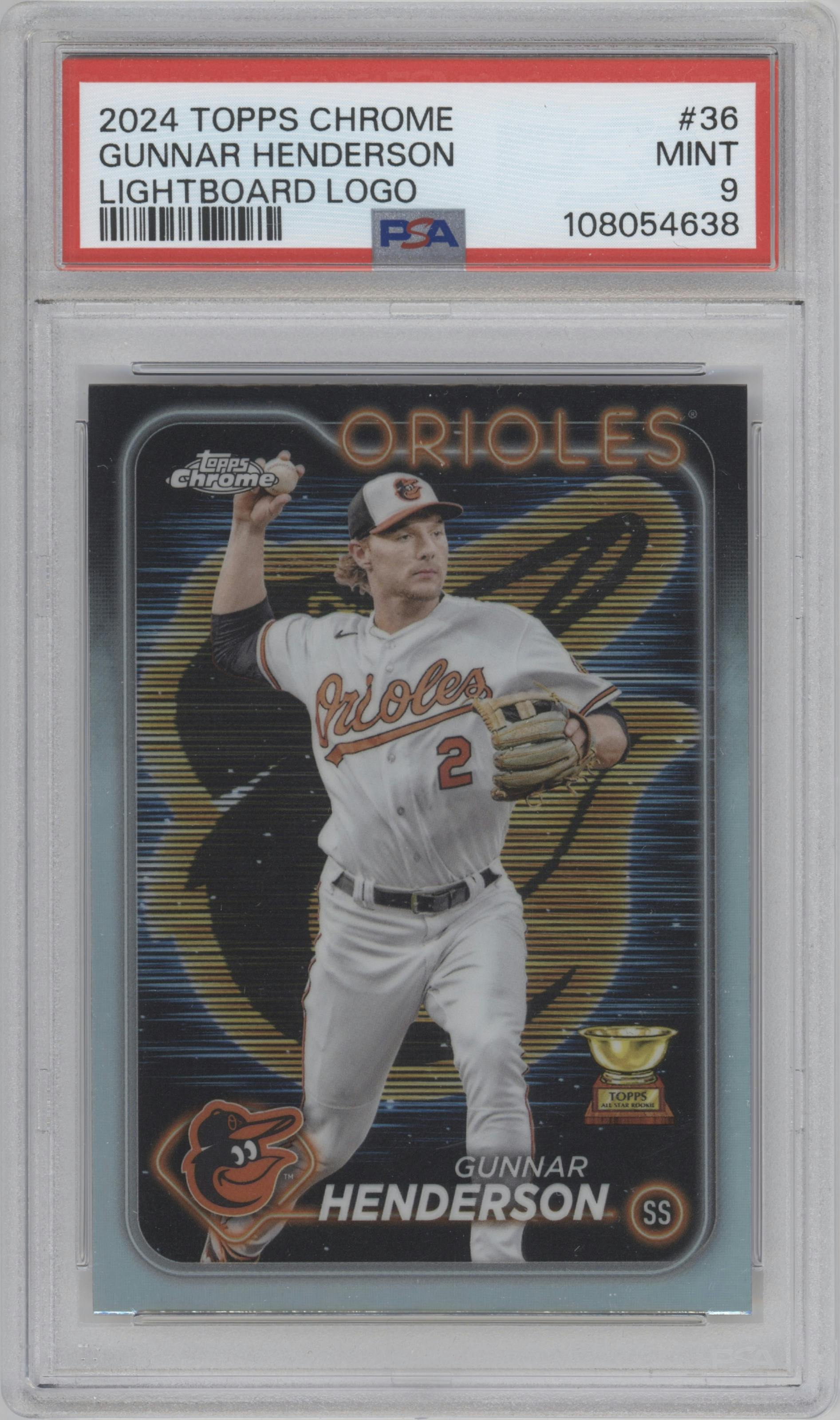 Gunnar Henderson from the 2024 Topps Chrome set featuring a Lightboard Logo Refractor parallel graded by PSA and given an overall grade of 9.
