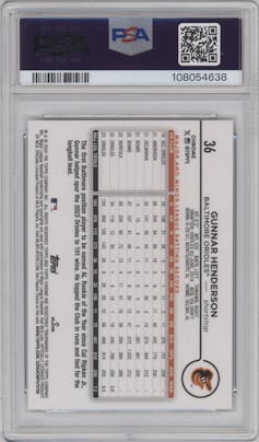 Gunnar Henderson from the 2024 Topps Chrome set featuring a Lightboard Logo Refractor parallel graded by PSA and given an overall grade of 9.