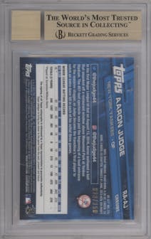 Aaron Judge from the 2017 Topps Chrome set featuring a Purple Refractor parallel graded by Beckett and given an overall grade of 9.5.