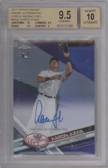 Aaron Judge from the 2017 Topps Chrome set featuring a Purple Refractor parallel graded by Beckett and given an overall grade of 9.5.