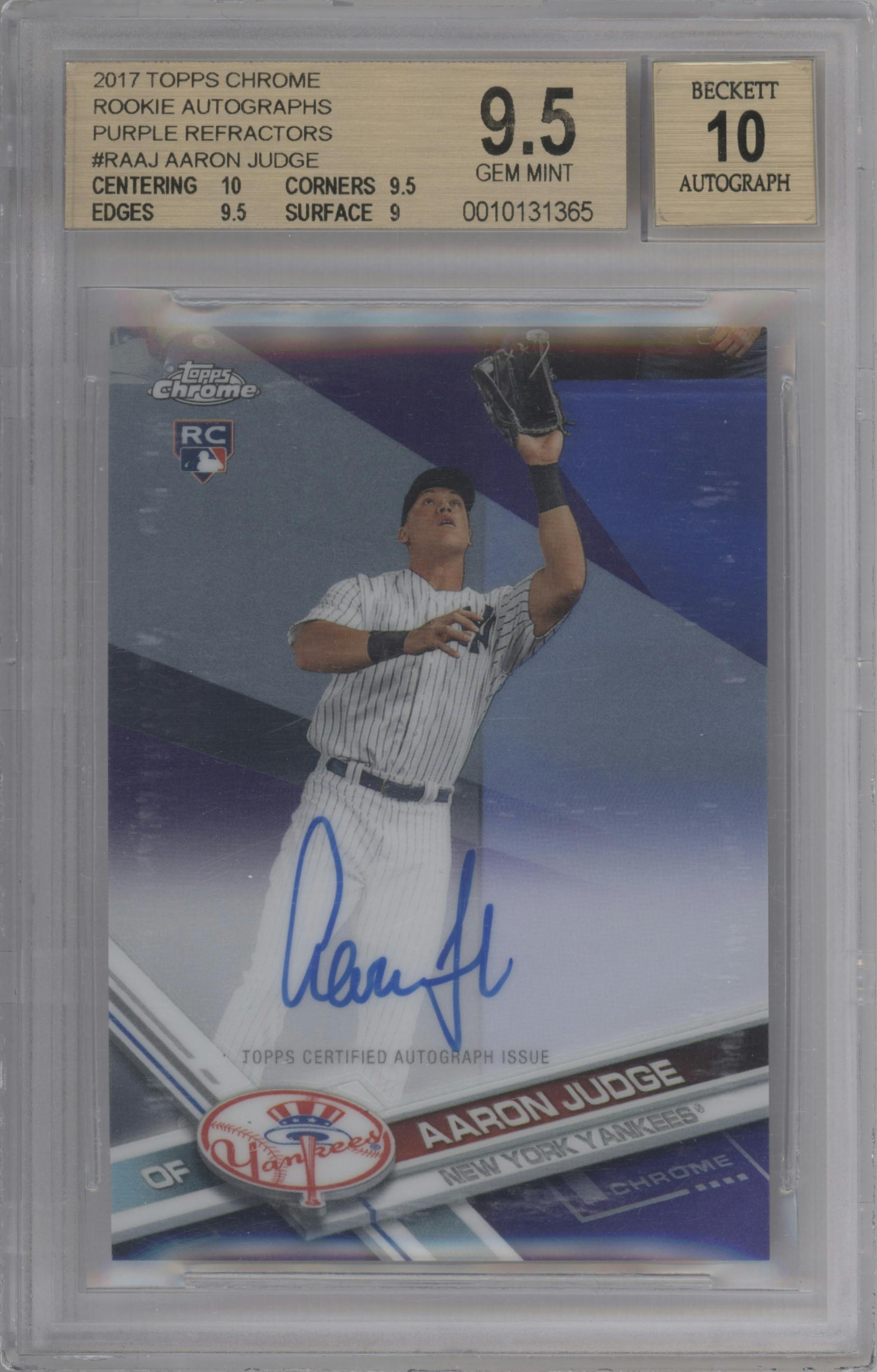 Aaron Judge from the 2017 Topps Chrome set featuring a Purple Refractor parallel graded by Beckett and given an overall grade of 9.5.