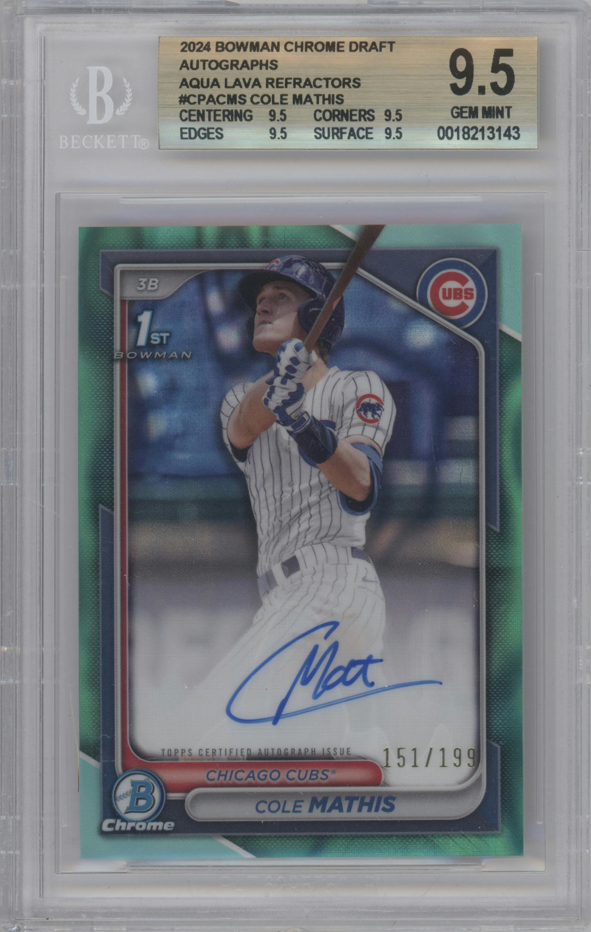 Cole Mathis from the 2024 Bowman Draft set featuring a Aqua Lava Refractor   parallel graded by Beckett and given an overall grade of 9.5.