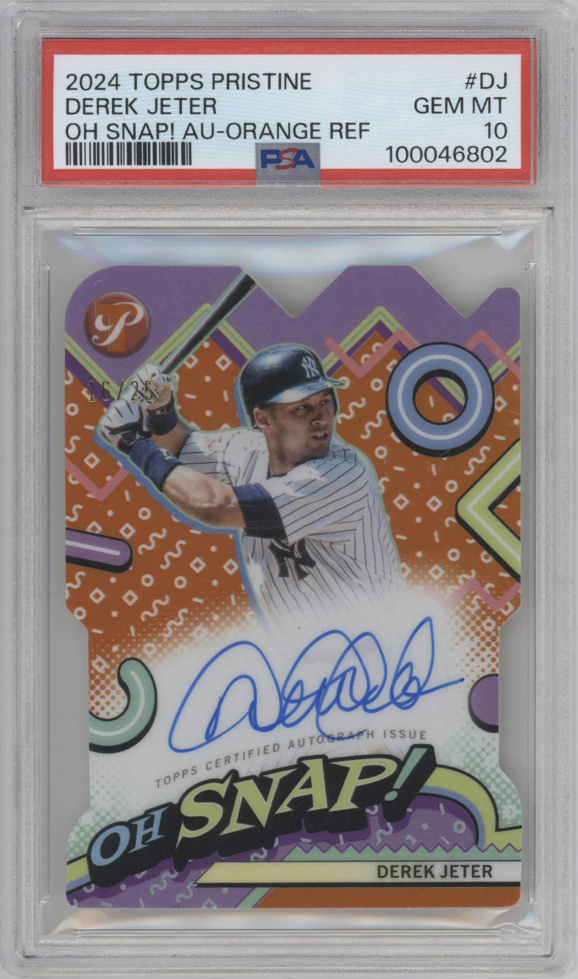 Derek Jeter from the 2024 Topps Pristine set featuring a Orange Refractors parallel graded by PSA and given an overall grade of 10.