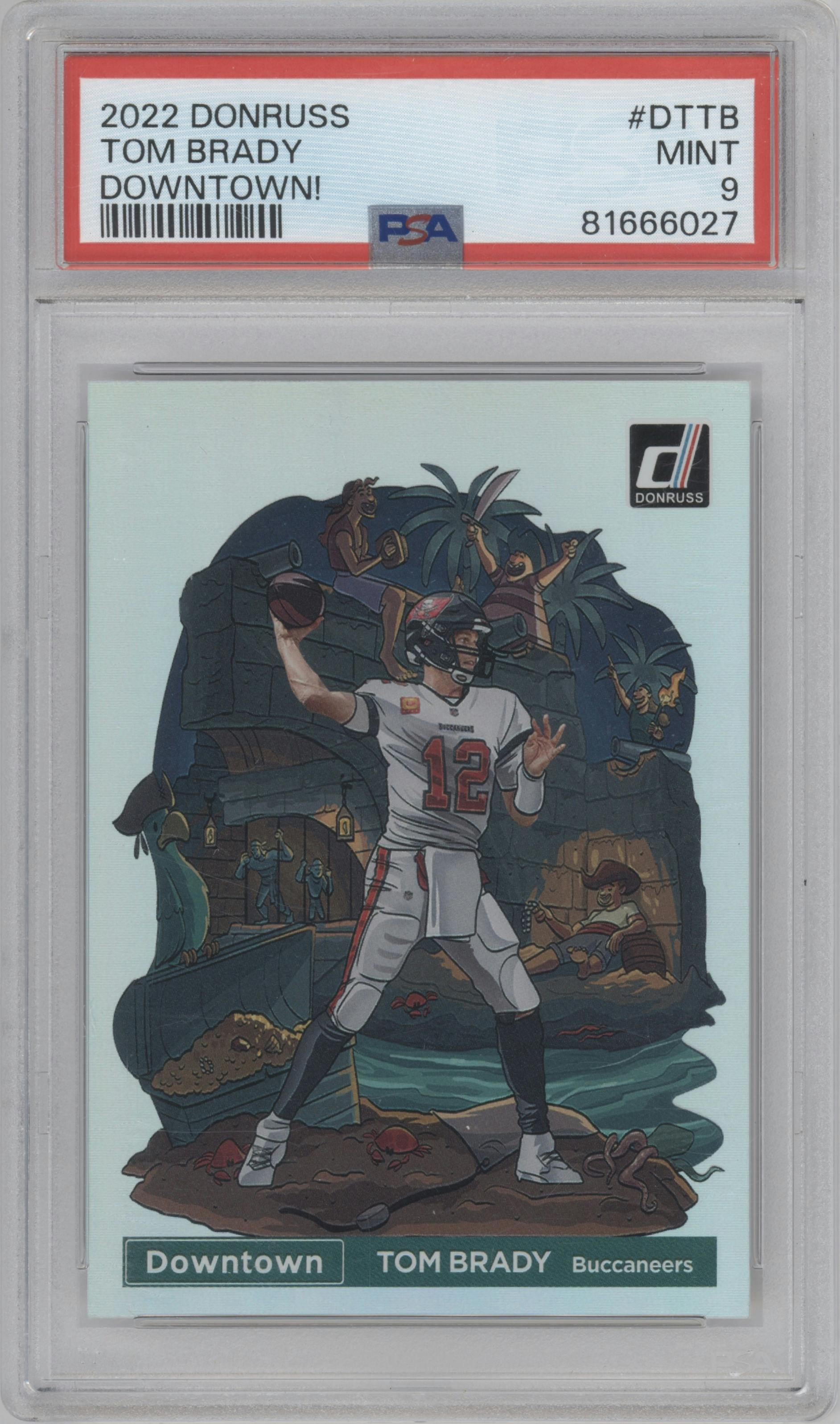 Tom Brady from the 2022 Panini Donruss set graded by PSA and given an overall grade of 9.