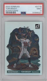 Tom Brady from the 2022 Panini Donruss set graded by PSA and given an overall grade of 9.