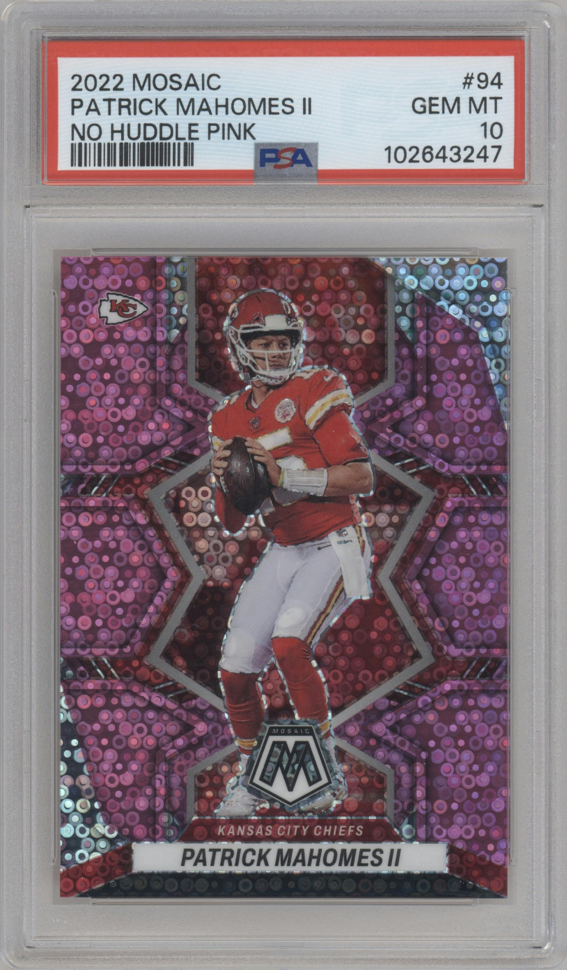  Patrick Mahomes II  from the 2022 Panini Mosaic set featuring a No Huddle Pink parallel graded by PSA and given an overall grade of 10.