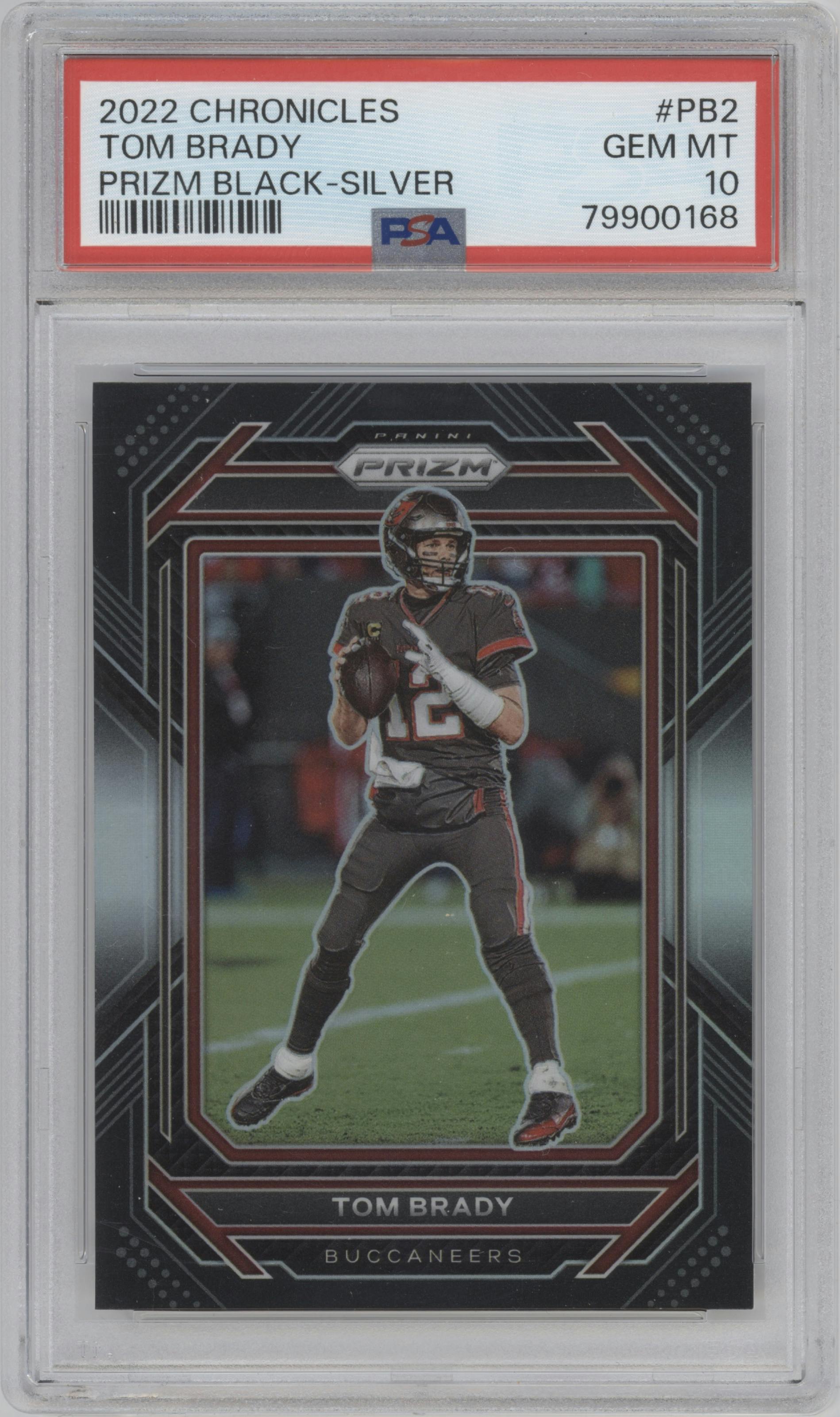 Tom Brady from the 2022 Panini Chronicles set featuring a Silver parallel graded by PSA and given an overall grade of 10.