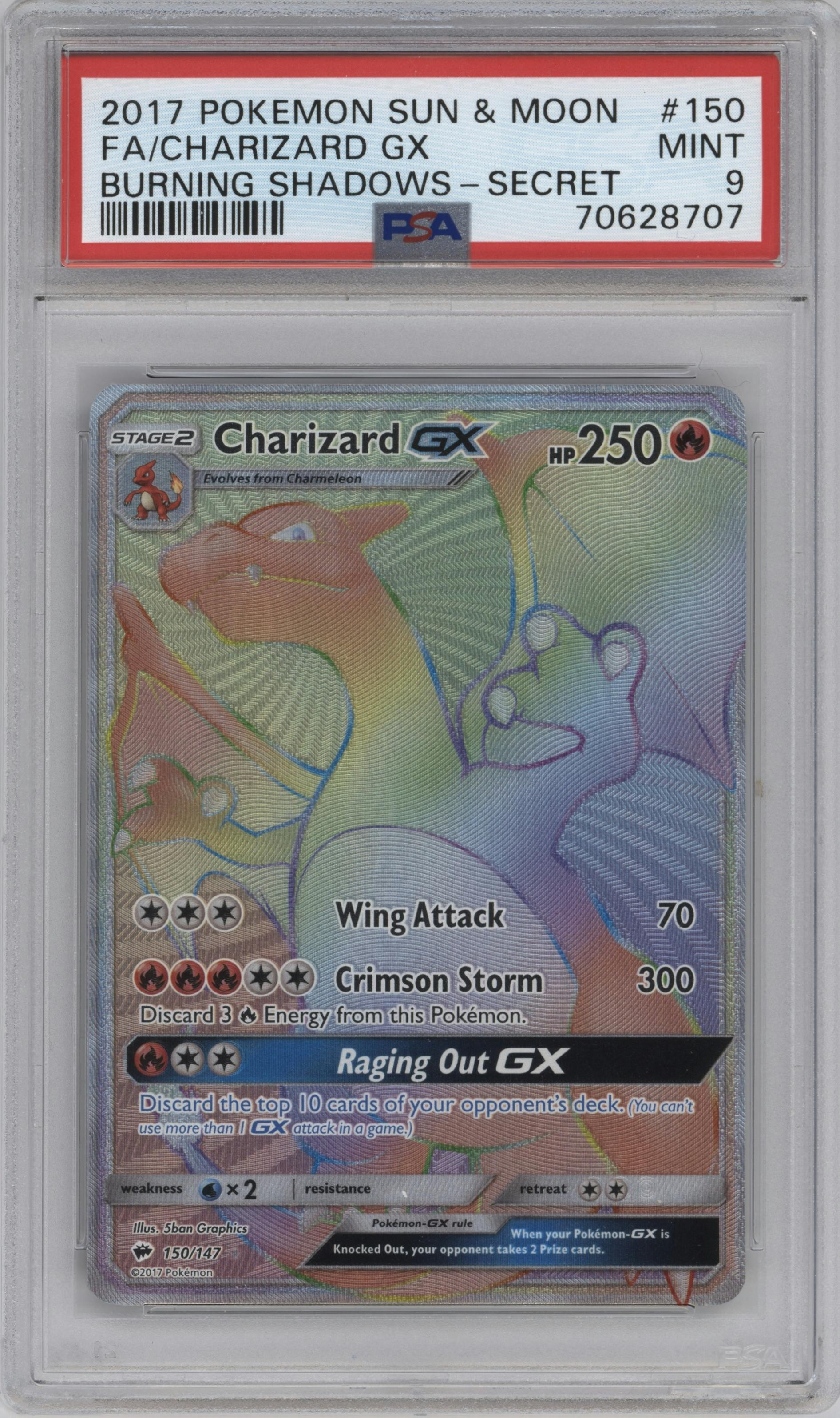 Charizard GX from the 2017 Pokemon S&M set graded by PSA and given an overall grade of 9.