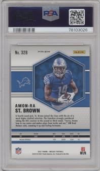 Amon-Ra St. Brown from the 2021 Panini Mosaic set featuring a Reactive Yellow parallel graded by PSA and given an overall grade of 10.