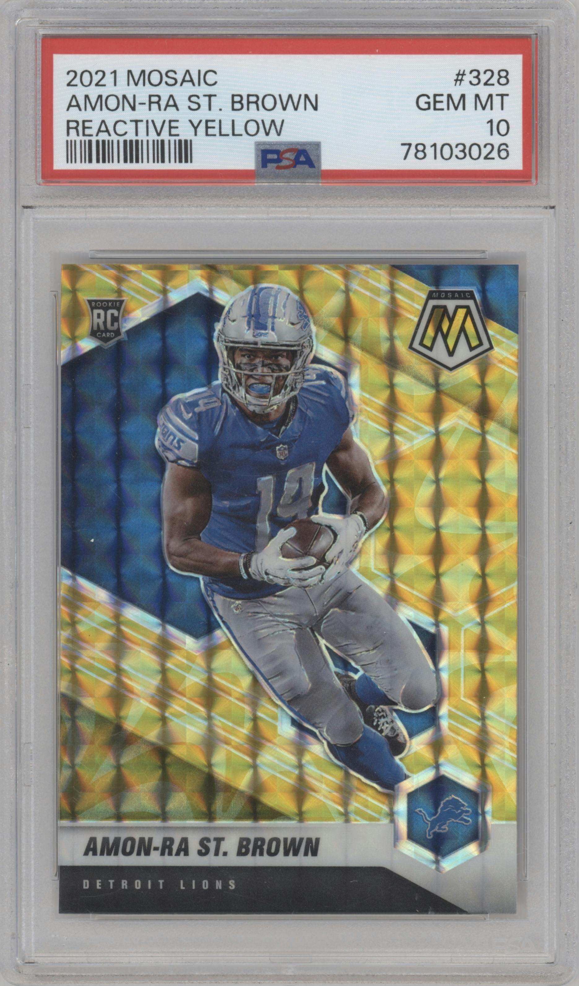 Amon-Ra St. Brown from the 2021 Panini Mosaic set featuring a Reactive Yellow parallel graded by PSA and given an overall grade of 10.