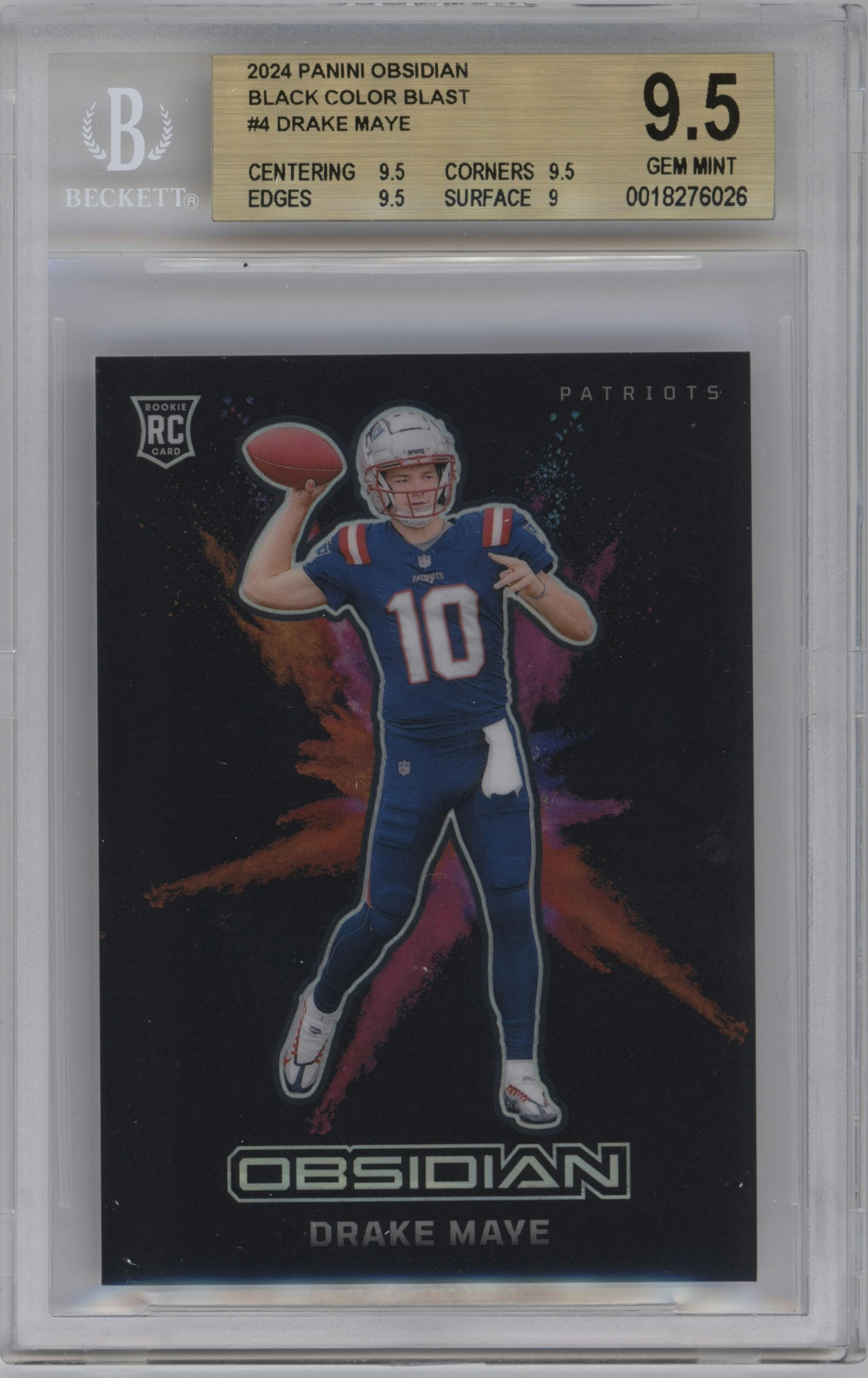 Drake Maye from the 2024 Panini Obsidian set graded by Beckett and given an overall grade of 9.5.